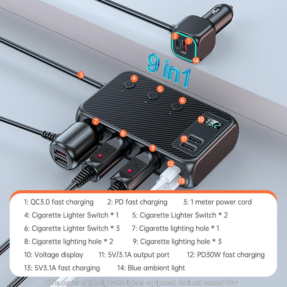 

Car Splitter Cigarette Lighter Adapter 171W 3 Socket Power Splitter with 6 USB Ports PD30W QC3.0 Fast Charging for Cars SUVs Trucks Off Road Vehicle