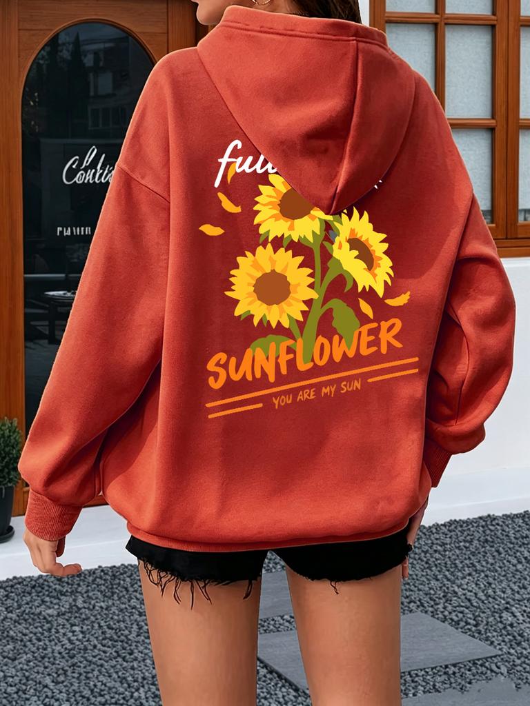 Full Of Sunflower Prints Hoodie Women Winter Loose Pocket Pullovers Casual Jogging Sweatshirt Sporty Fleece Warm Womans Clothes