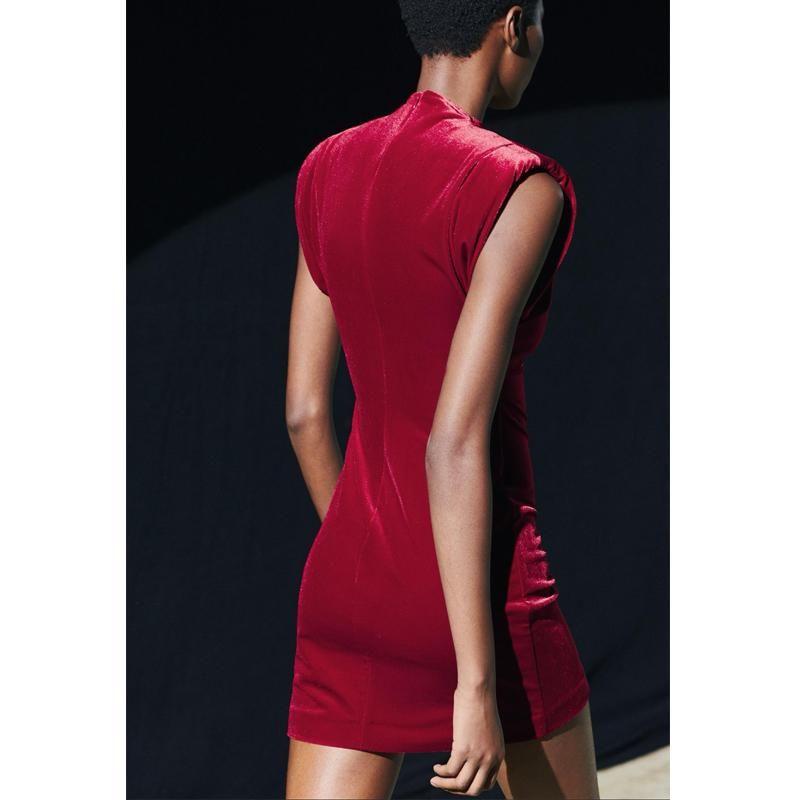 Fall and Winter New Women's Clothing New Year Christmas Velvet Dress with Padded Shoulder Velvet Dress 0036185