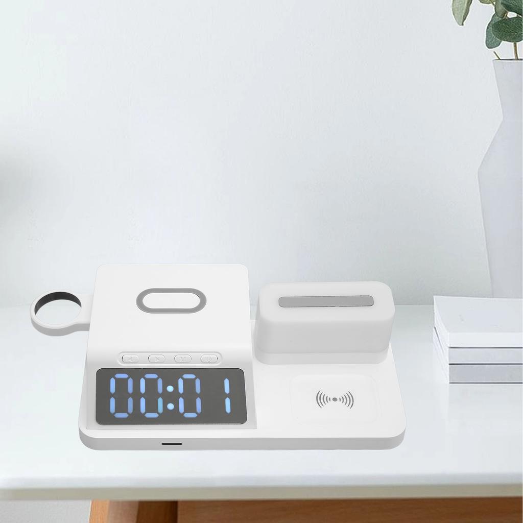 Multifunctional Alarm Clock Wireless with Night Light Calendar for Phone Watch Earphone
