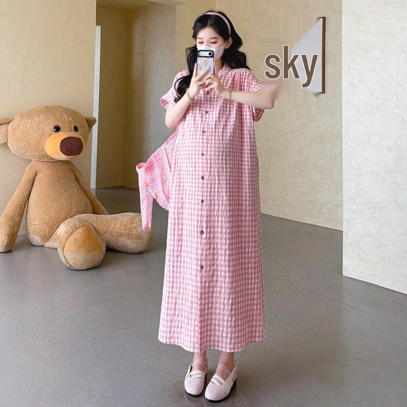 In-Stock Summer Maternity Dress - Trendy Plaid, Mid-Length, Loose Fit for Stylish Moms L