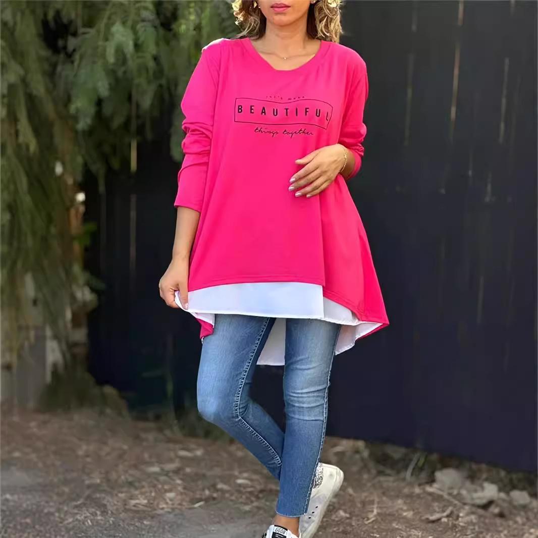 

Осенняя мода женский круглый вырез сзади пуговицы буквы длинный рукав пуловер топ 5XL розы красного