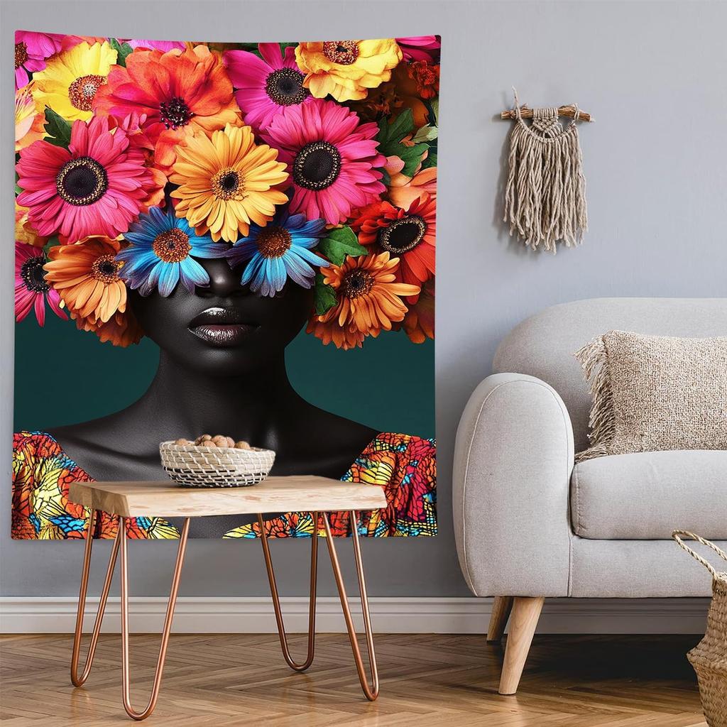 Black Women Wall Art Tapestry Vertical Flower Girl Tapestry African Print Tapestries for Women Men Teens Modern Decor Wall Art