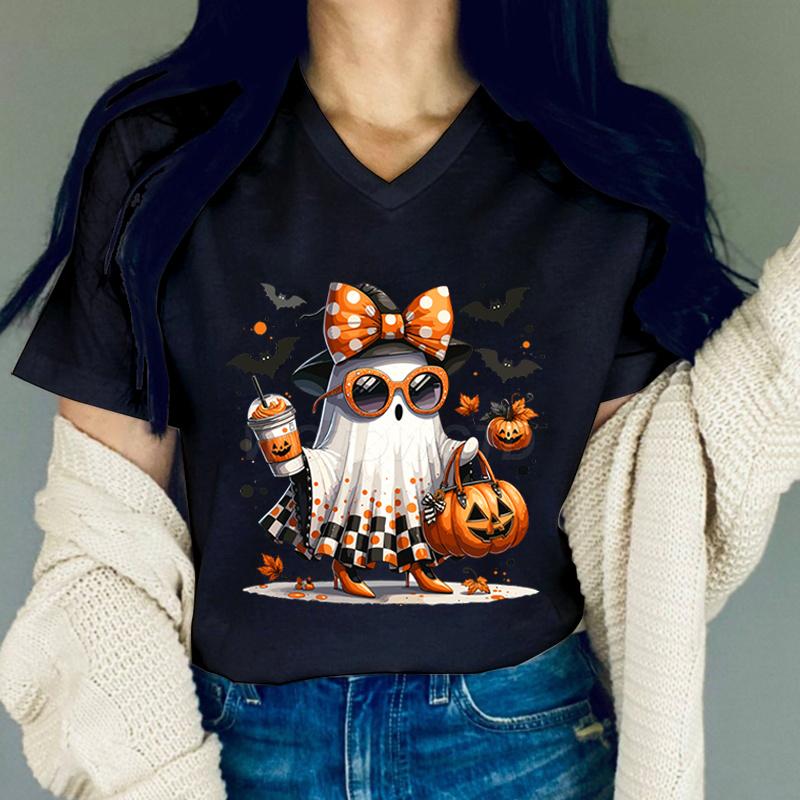 Halloween Cute Ghost Tshirt Women Halloween Pumpkin Retro Vintage T Shirts Women Fall Spooky Vneck Short Sleeve Tops Girls
