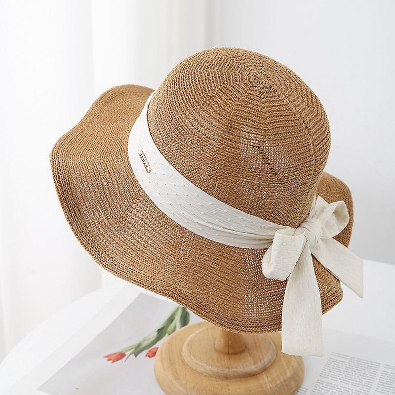 Summer Hats For Women With Ribbon Bow Elegant Korean Style Sweet Knitted Fisherman Cap Bucket Hat Female Sun Hat Traveling New