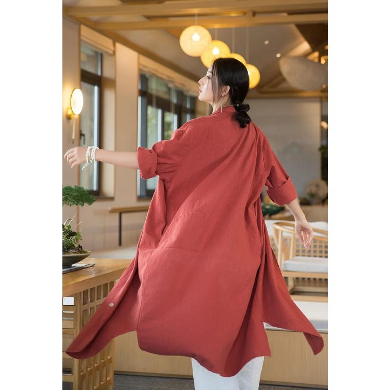 Women Vintage Linen Long Shirts Solid Color Long Sleeve Blouses Spring Button Turn Down Collar Shirt