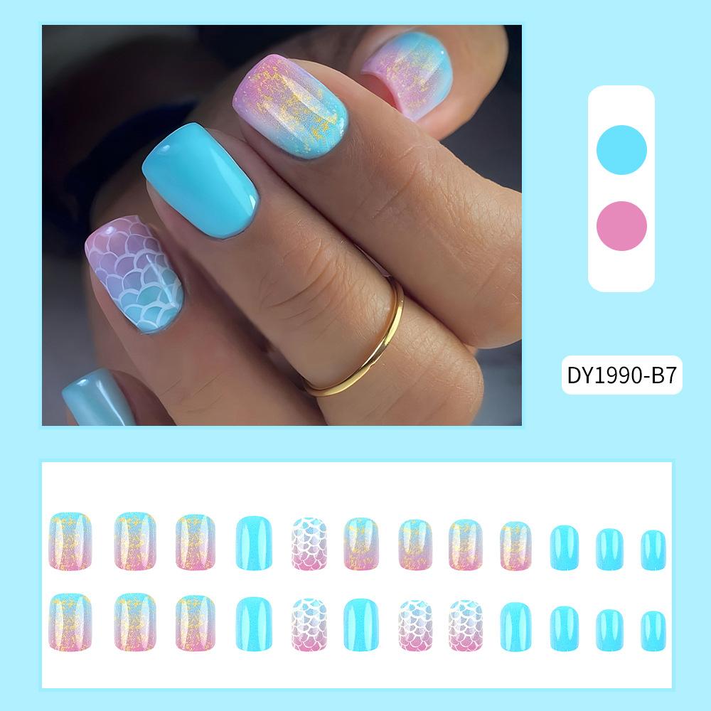 24Pz Unghie Finte Quadrato Medio Estate Unghie Press-On Unghie Acriliche Moda Gradiente Glitter Scaglie di Pesce Pattern Unghie Finte Manicure Per Donne