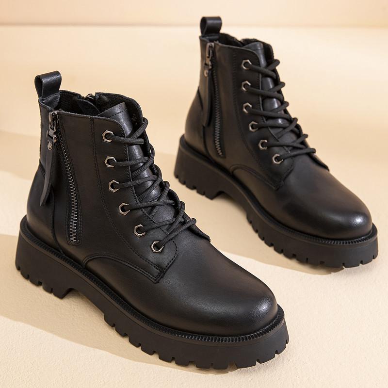 Fashion Genuine Leather Ankle Boots Women Autumn 2025 New Double Zipper Women's Ankle Boots Platform Thick Heel Motorcycle Boots Women