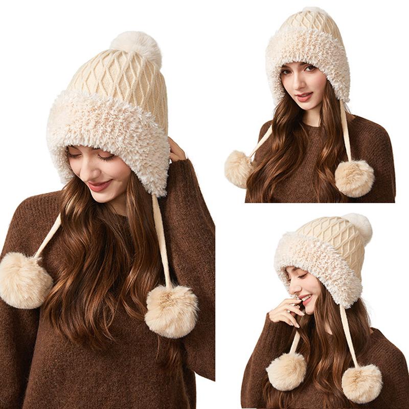 Autumn Winter Women's Three-Hair Ball Velvet Thick Cold Ear Protection Warm Knitted Cap