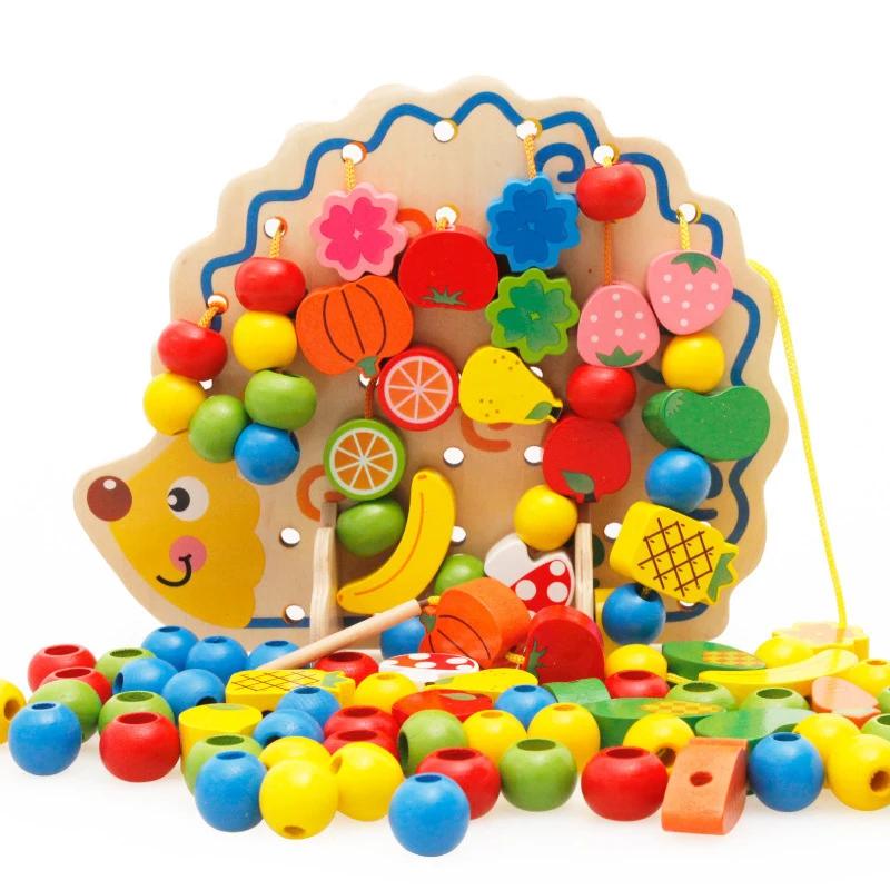Toys Educational 82Pcs Wooden Fruits Vegetables Lacing Stringing Beads with Hedgehog Board Montessori Toy for Kids Children Gift