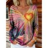 Women's Autumn Long-Sleeve T-Shirt V-Neck Loose Fit Patchwork Style with Irregular Geometric Print Trendy Street-Style Top