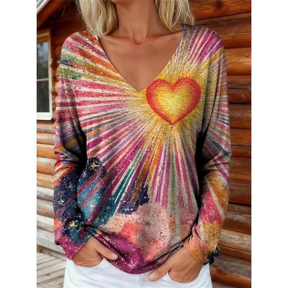 Women's Autumn Long-Sleeve T-Shirt V-Neck Loose Fit Patchwork Style with Irregular Geometric Print Trendy Street-Style Top