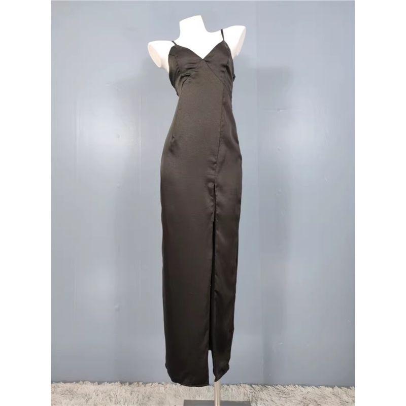 Export Lu's Sling Hepburn Dark High Quality V Neck Split Waist Fitted Slimming and Fashionable Smooth Fabric Dress