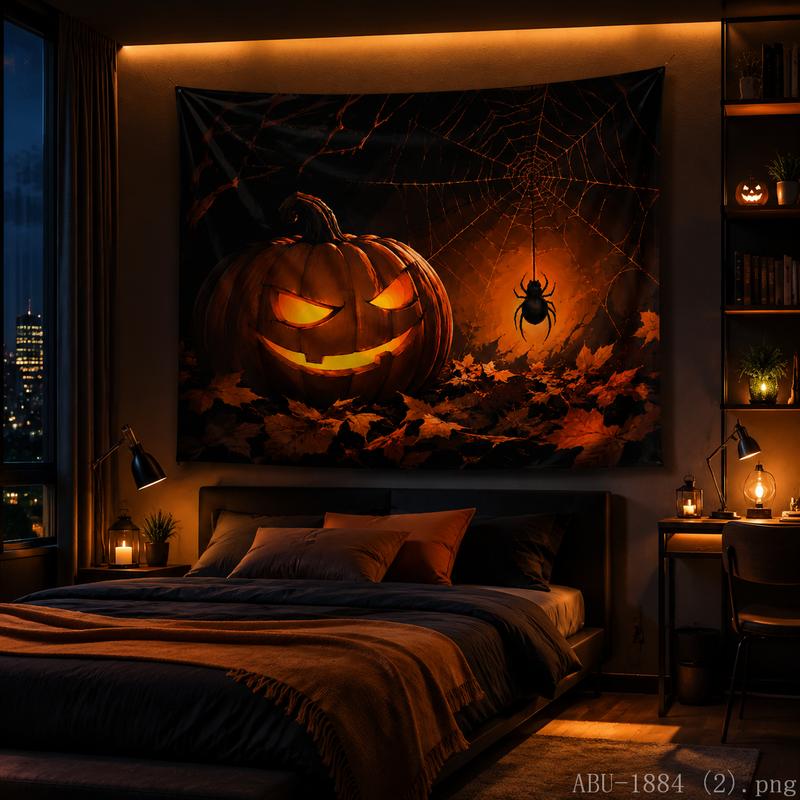 Dark Halloween Pumpkin Tapestry Big Spider Web Maple Leaf Autumn Night Wall Hanging Bedroom Dorm Holiday Decor Cloth