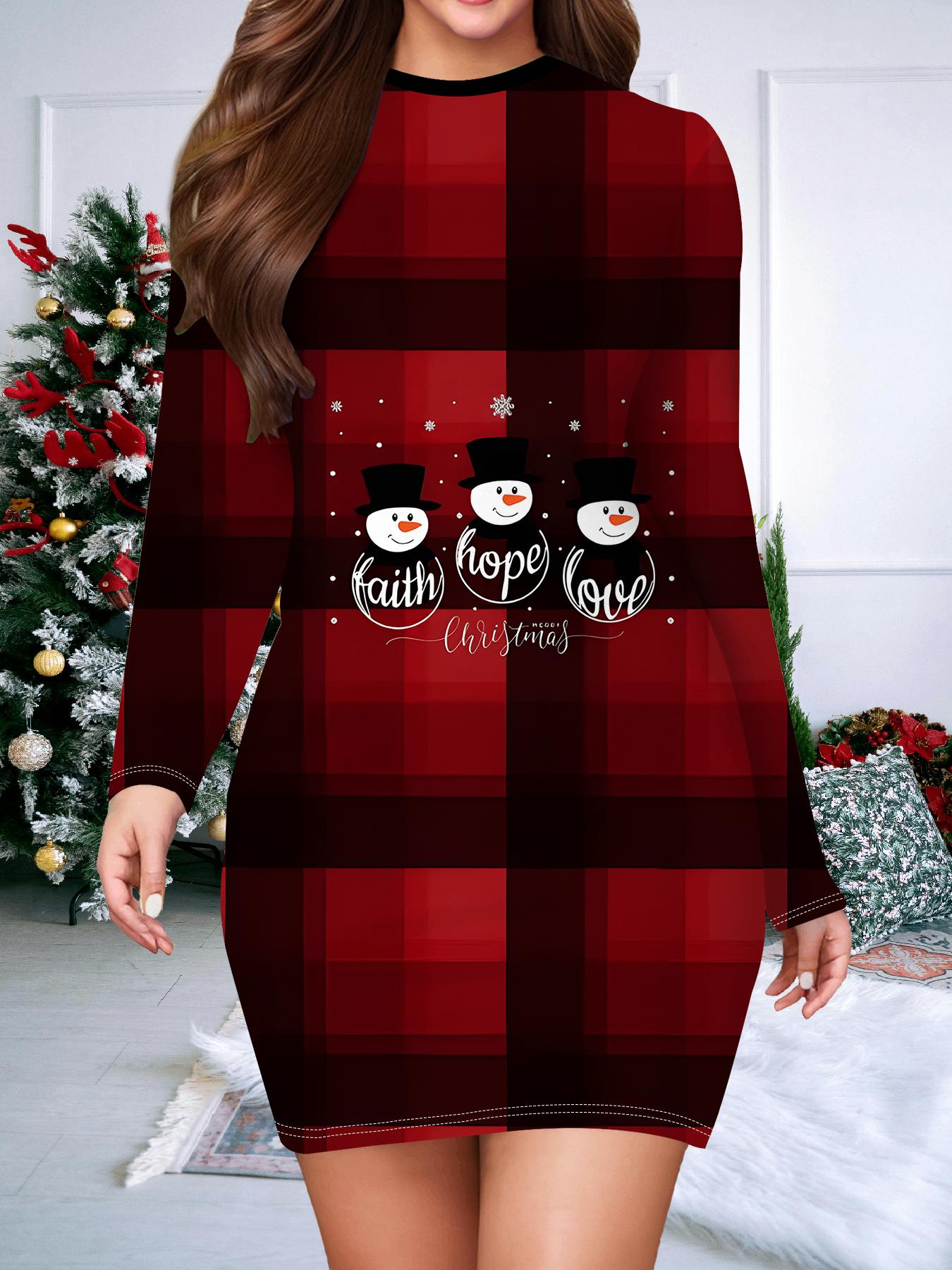 

2025 Осень и Зима Новое Женское Платье в Облипку, 3D Рождественская Печать и Крашение Женская Мода Длинный Рукав Круглый Вырез Сексуальное Платье в Облипку XXL чёрный