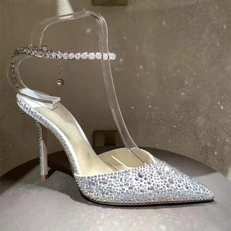 Fashion Luxury Rhinestones Sequined Ankle Strap Women Pumps Elegant Stiletto High Heels Sprin Summer Fashion Crystal Wedding Prom Shoes