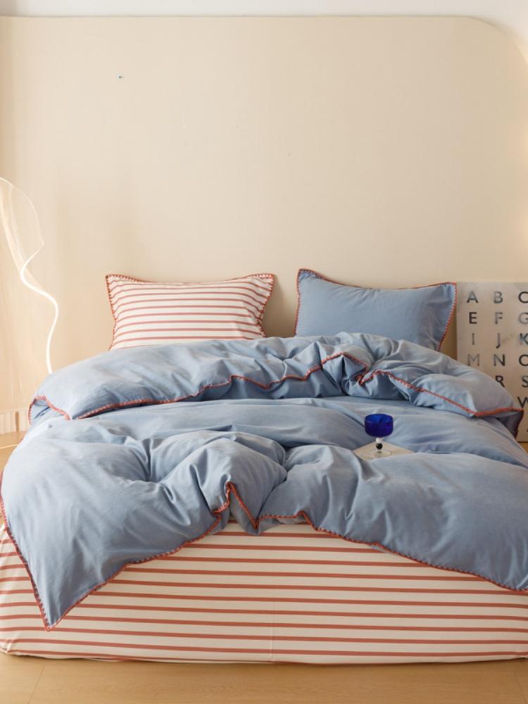 

Синий Протеиновый Прочный Постельный Комплект из Стиранного Хлопка в Полоску и Цветовой Блок, Вышивка Ракушками, Пододеяльник с Наволочками Стандартного Размера 150x200cm 4pc синий