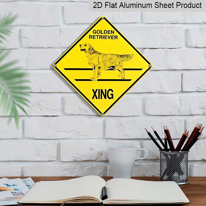 2D Flat 1pc Golden Retriever Crossing Sign - Pet Owner Gift, Vintage Caution Decoration - Bright Yellow & Black Metal Tin Poster - Indoor/Outdoor