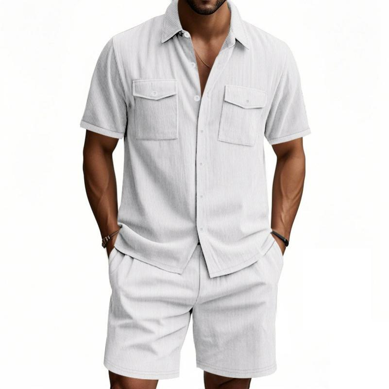 Summer Men's Solid Color Pocket Shirt, Short-sleeved Shorts, Two-piece Suit