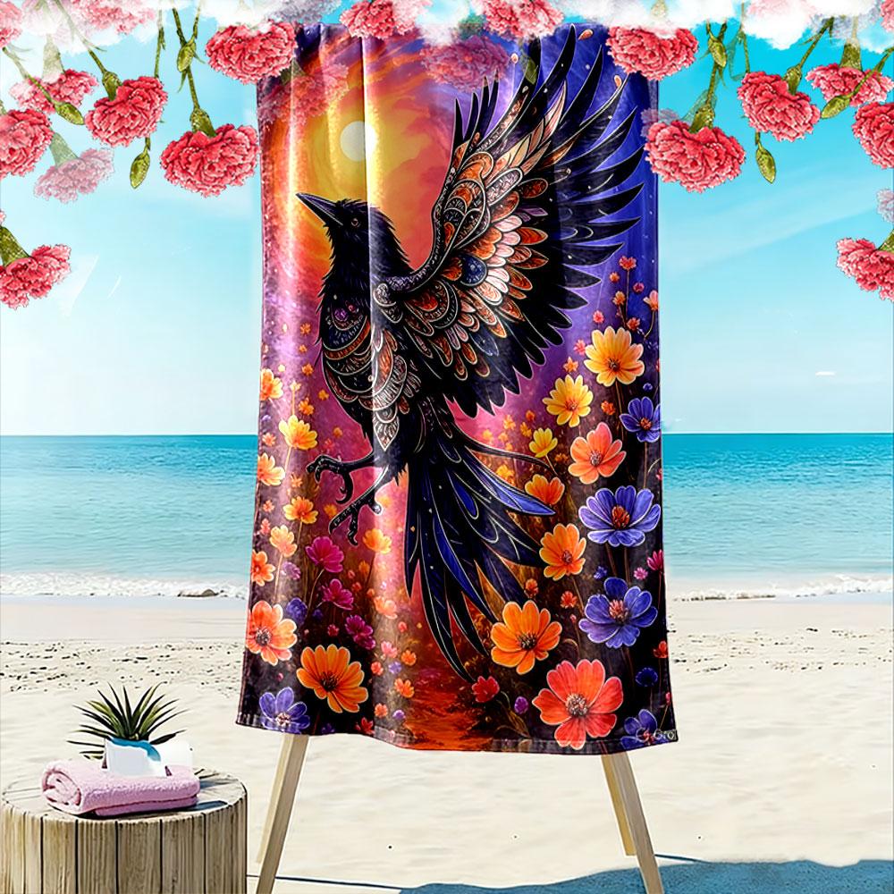 Ethereal Raven Amidst Blossoms Print Beach Towel, Quick Drying, Suitable for Travel, Outdoor Sports, Jogging, the Beach and Swimming, Gift