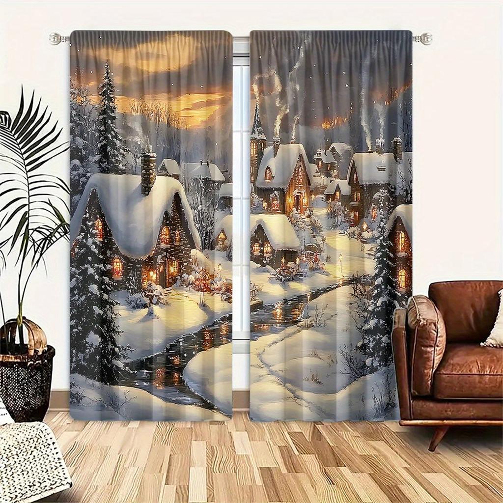 2Pcs Polyester Christmas Snowscape Durable Printing Window Curtains Birthday Party Decoration Backdrop Drapes for Living Room