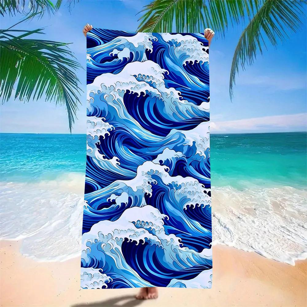 Deep Blue Swirl Surf Wave Art Print Beach Towel Fast Drying Towel for Kids Adults Swimming Gym Outdoor Activities
