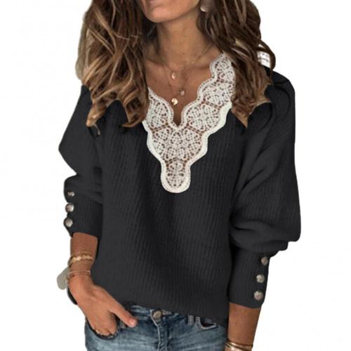 Women Autumn Winter T Shirts Long Sleeve Sexy Lace Patchwork V Neck Buttons Sweater Jumper  Mesh Design Fashion Hollow Out Tops