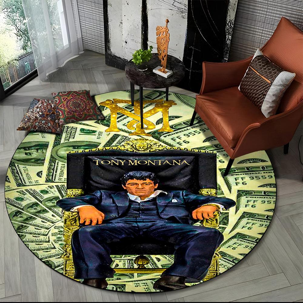 3D Tištěný Film Scarface Tony HD Kulatý Koberec pro Obývací Pokoj Ložnici Dětský Herní Koutek Dekorace, Koberec do Zvířecí Zóny Protiskluzová Podložka