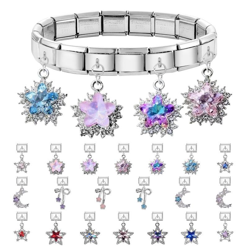 New Shiny Bow Knot Butterfly Moon Star Zircon Pendant Italian Charm Link Fit 9MM Bracelet Stainless Steel Women Men DIY Making