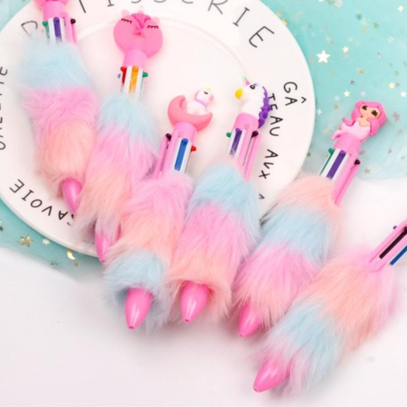 6-color-in-1 Rainbow Plush Ballpoint Pen 0.5mm Colorful Ink Writing Pen Cute Creative Stationery for Girl Kawaii School Supplies