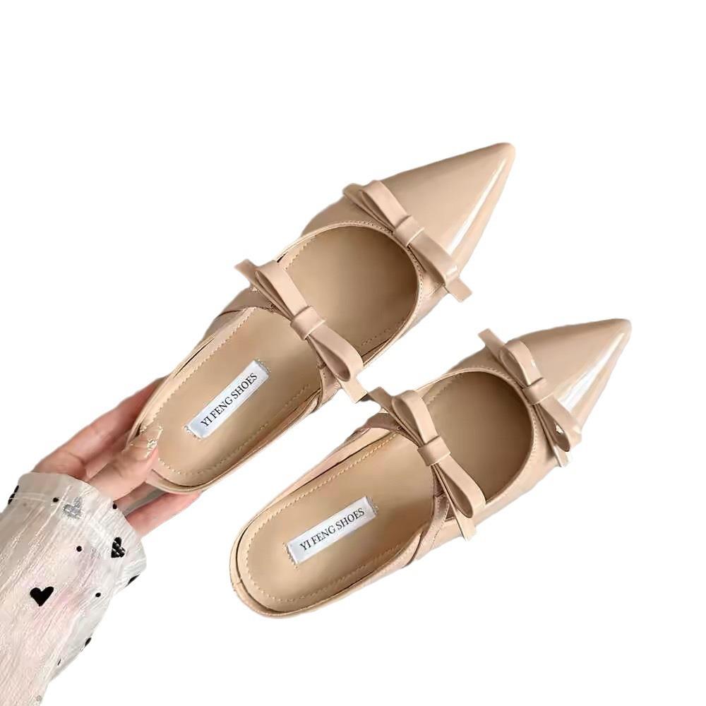 Naked pointed head increases by 4 cm, double bow French lazy gentle half-drag bag head shoes wear women's cool slippers