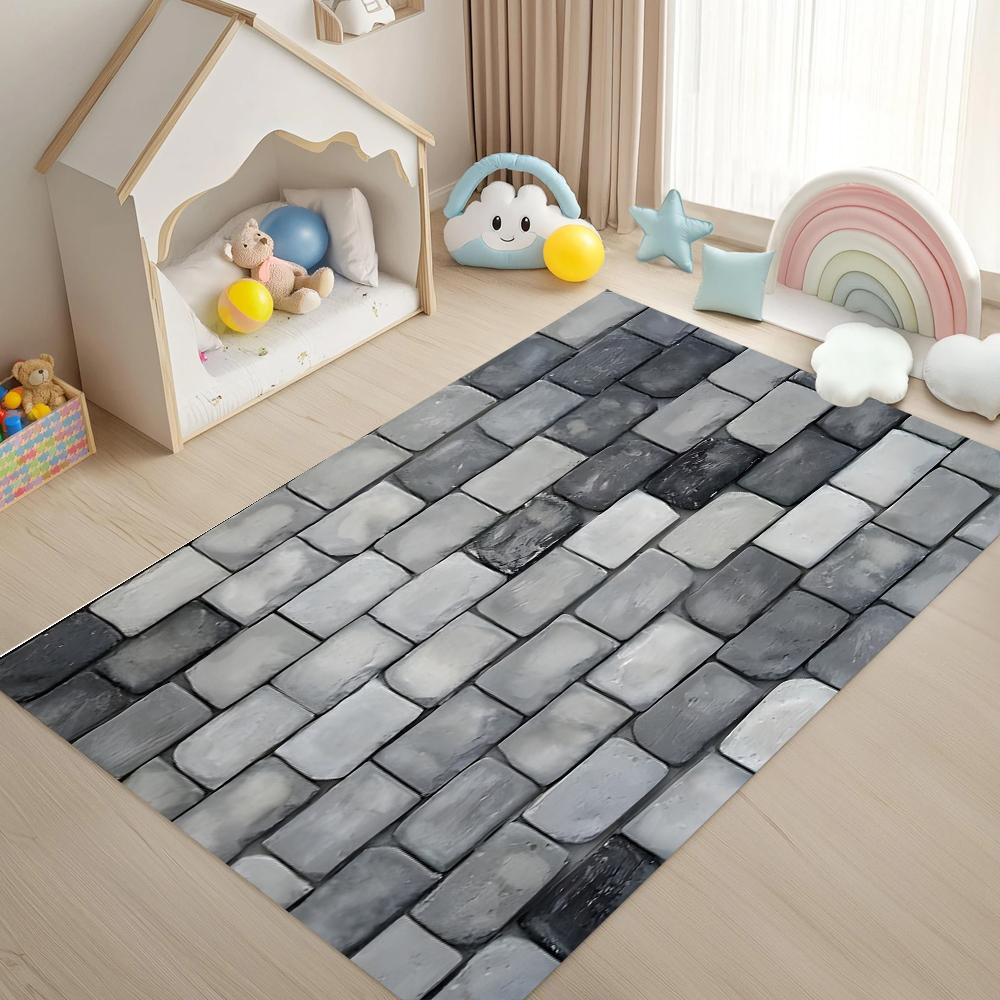3D Stone Pavement Area Rug Non Slip Washable Mat for Kids Playroom Living Room Outdoor Play Mat Rustic Home Decor