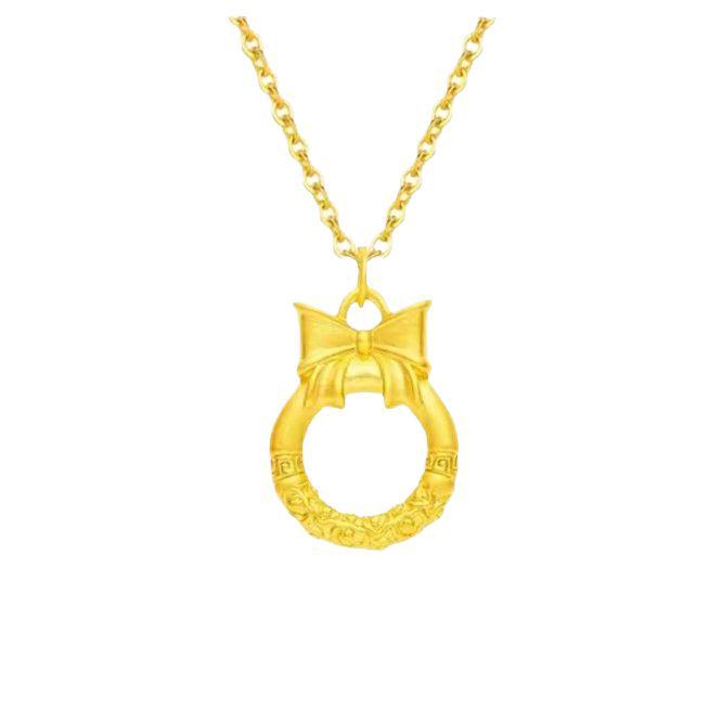 5D Pure Gold Butterfly Bow Knot Auspicious Clouds Qiankun Cudgel Princess Peace Buckle Necklace