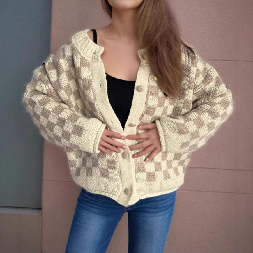 

Round neck color blocked plaid sweater for women, Amazon Europe and America casual loose single breasted knitted cardigan L хакі