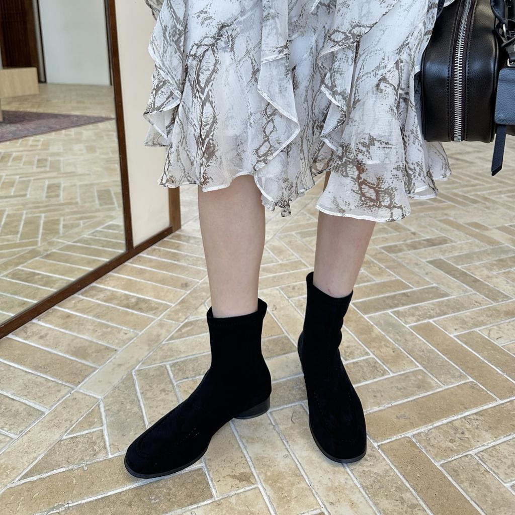 French Retro Brown Short Boots and Bare Boots Women's Boots Thick Heel 2025 Autumn and Winter Small Elastic Thin Boots