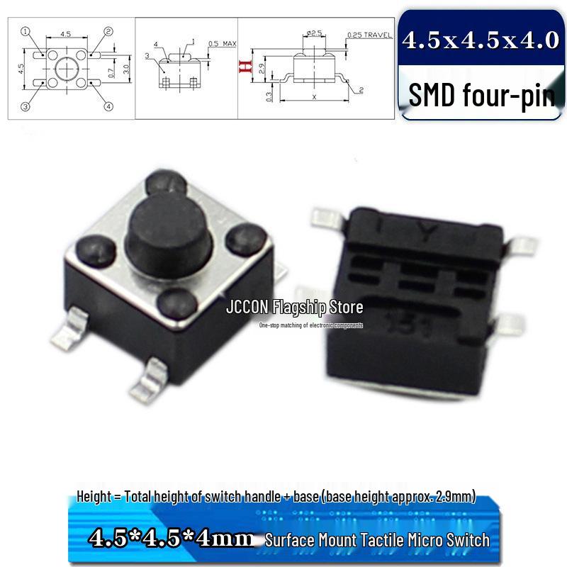 SMD Tactile Micro Switch 4.5x4.5mm, Height Options: 3.8-9mm, Copper Pins