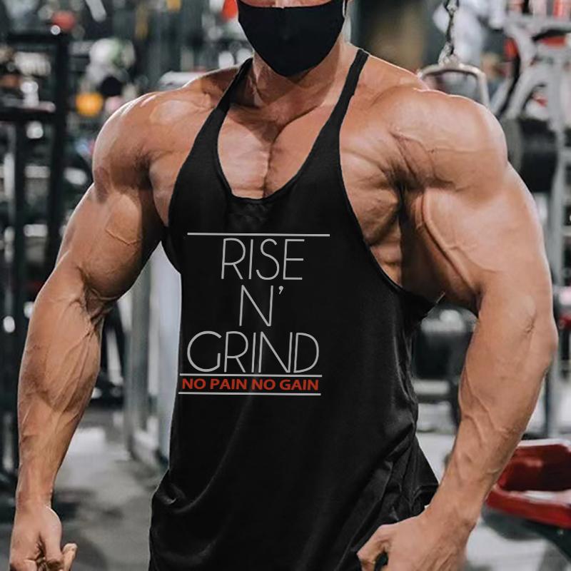 Muscleguys RISE N GRIND NO PAIN NO GAIN Bodybuilding Stringer Tank Tops Men Gym Clothing Cotton Workout Fitness Sports Running Vests