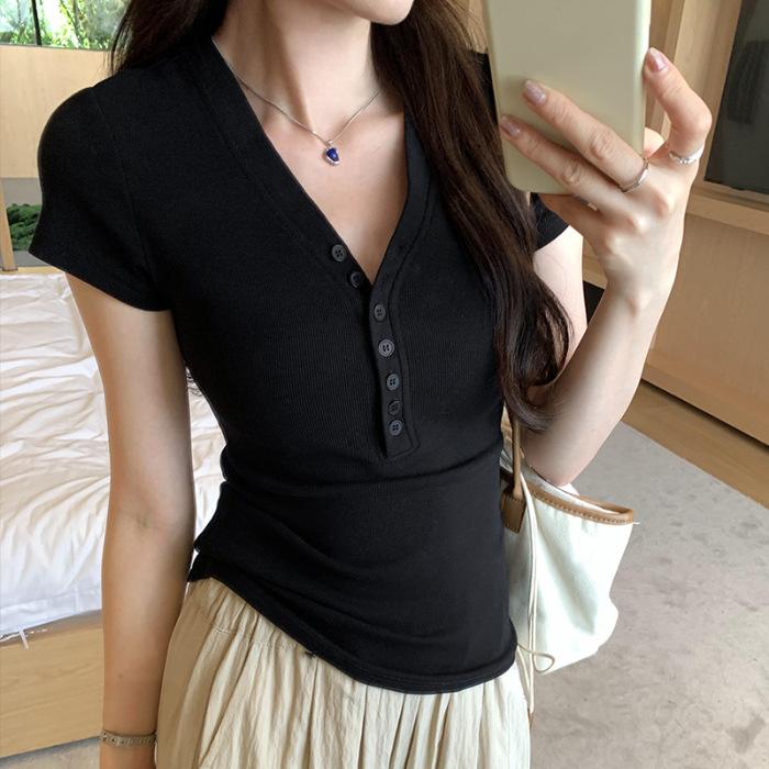 Korean Chic Half-breasted Front Shoulder Short-sleeved Slim-fitting T-shirt Women's 2026 Summer New Unique and Beautiful Pinch Waist Top