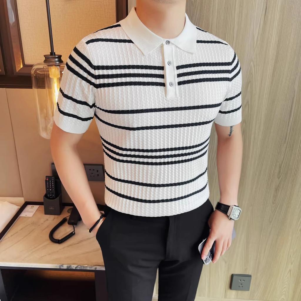 Summer Men's Knit Polos Fashion Striped Turn Down Collar Short Sleeve Polo Shirts