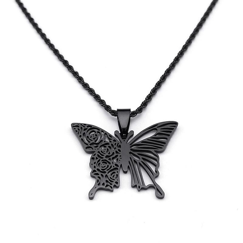 Gothic Black Butterfly Hollow Pendant Necklace for Women Men Stainless Steel Carving Flower Rose Insect Necklaces Jewelry N6121