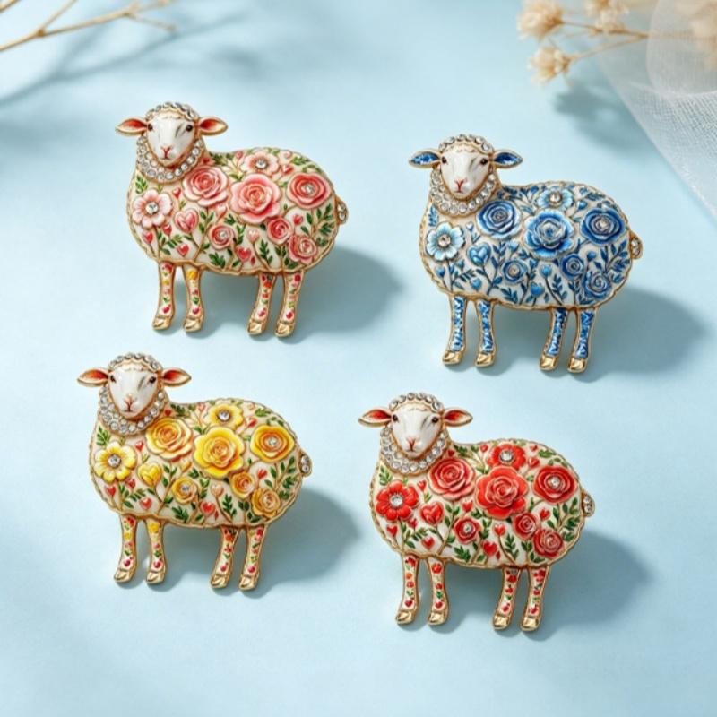 1Pcs Rose-Flower Sheep Brooches For Women Unisex 4-Color Rhinestone Year Of The Goat Animal Party Office Brooch Pin Gifts