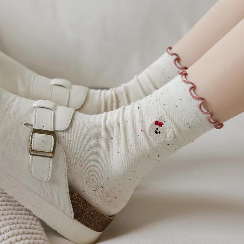 Cartoon Bear Embroidery Cute Socks Sweet Girls Lolita Kawaii Ruffle Socks Japanese Fashion Harajuku Retro Streetwear Women Socks