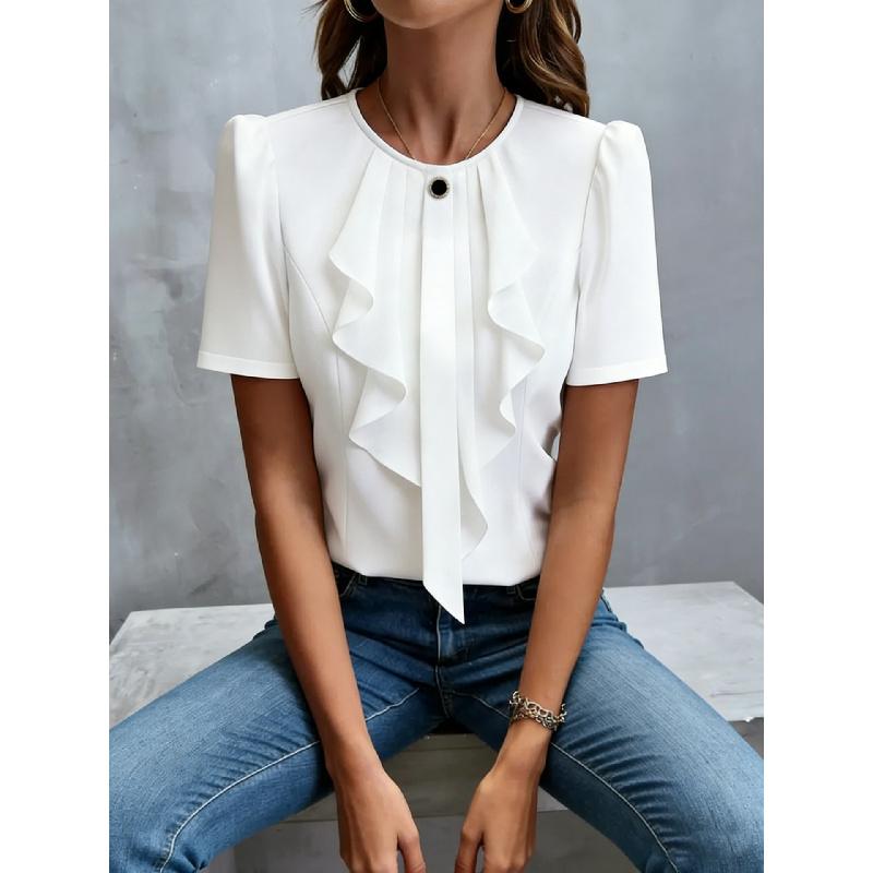 2026 New Women's Summer Ruffled Pleated Round Neck Short Sleeve Shirt Top