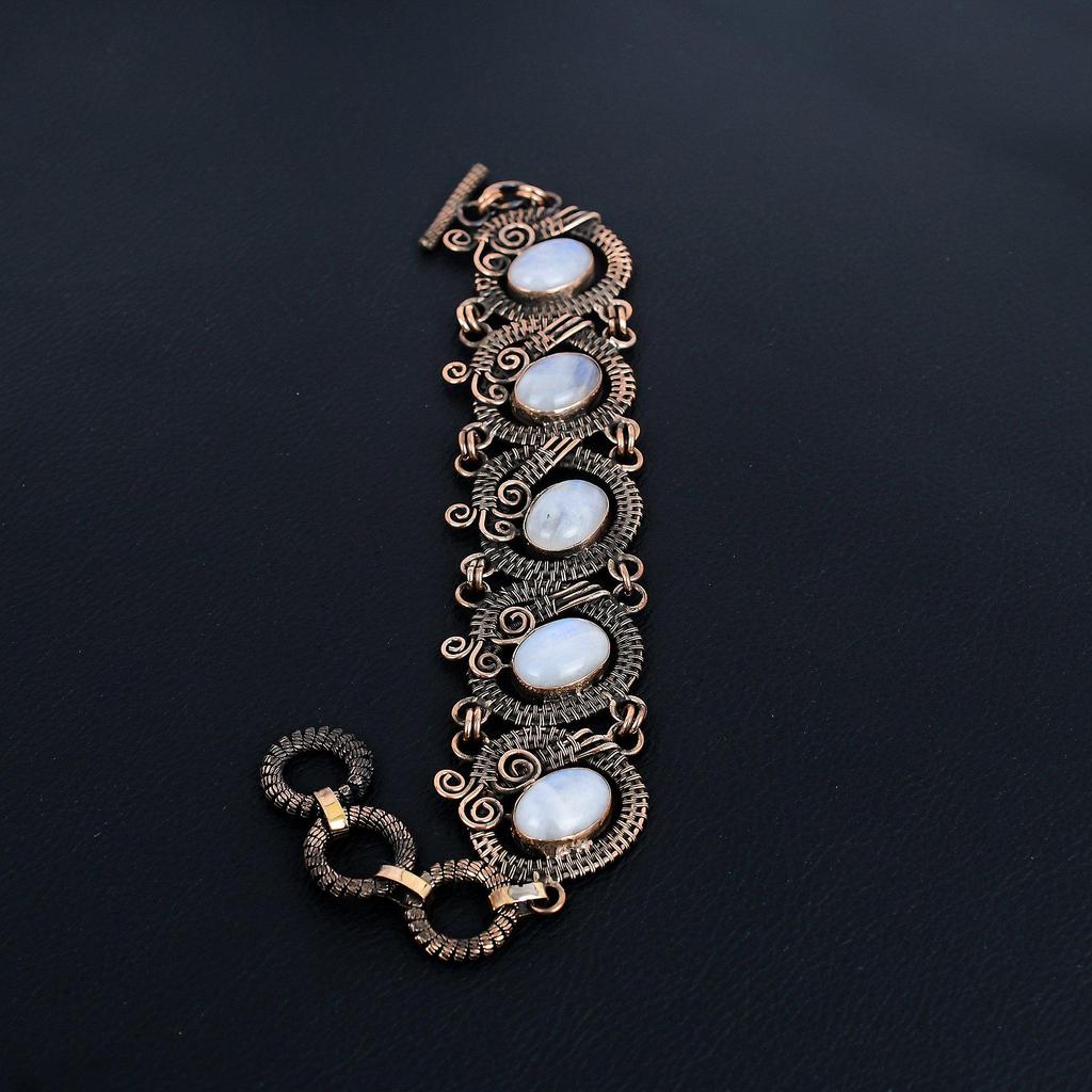 Rainbow Moonstone Bracelet Gemstone Jewelry, 999 Copper Wire Wrapped Bracelet, Adjustable Handmade Beautiful Jewelry Chain Bracelet