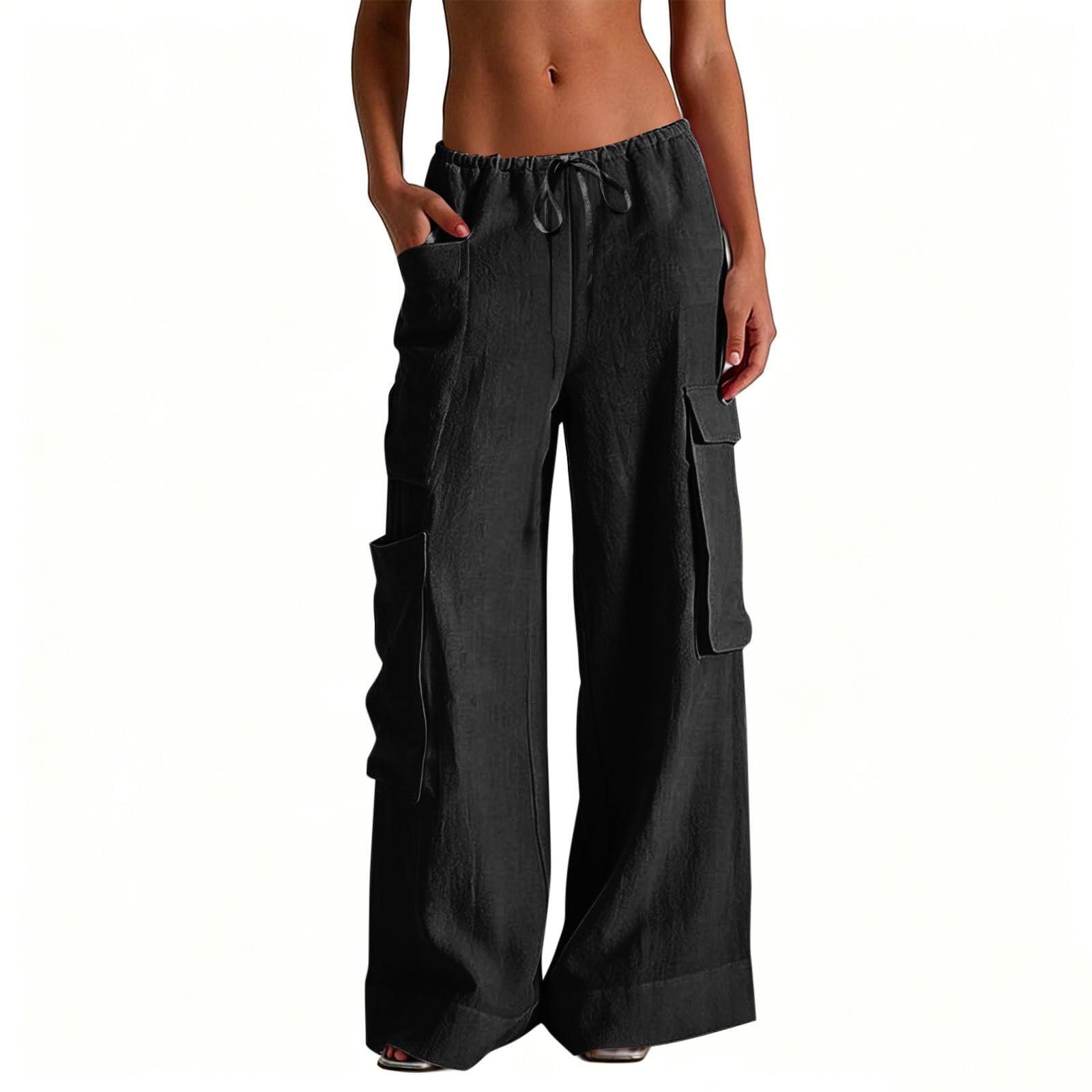 

Women Casual High Waisted Wide Leg Beach Vacation Pants With Pockets L чёрный