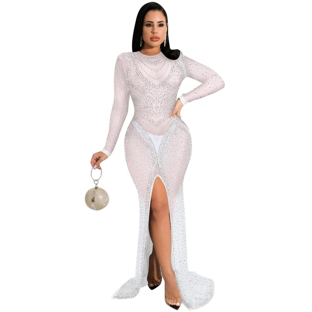 European & American Fashion Women's See-through Mesh Long Sleeve Slit Dress with Hot Drilling Details.