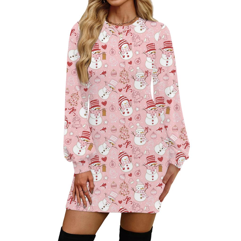 Rochie casual de modă pentru femei, cu imprimeu de Crăciun, cu gât rotund și mâneci lungi