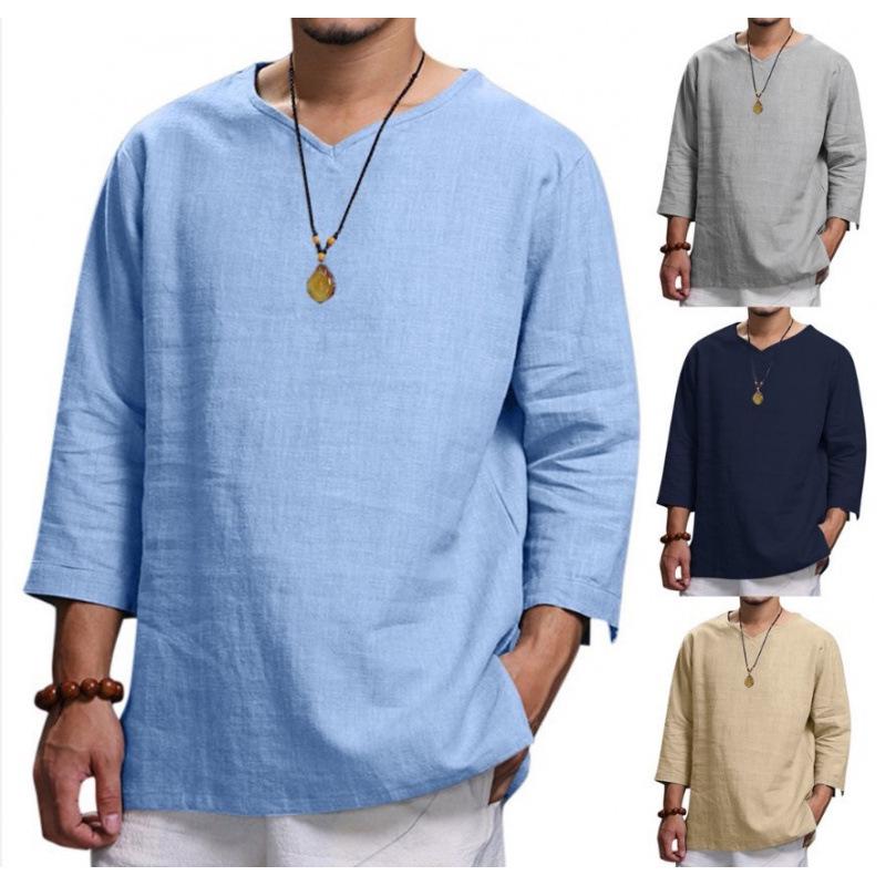 Camicia da Uomo a Maniche Lunghe con Scollo a V in Cotone e Lino - Top dalla Vestibilità Ampia