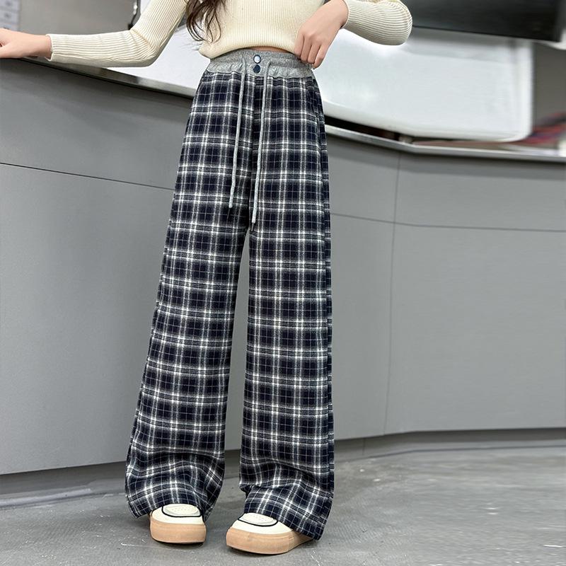 

Autumn 2025 Girls Plaid Wide-Leg Pants - Casual Spliced Waist for Middle and Big Kids 160cm