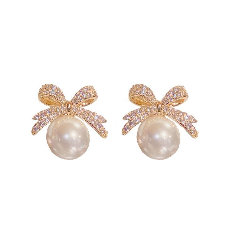 Korean New Exquisite Bow Pearl Stud Earrings For Women Contracted Crystal Heart Shape Earring Girl Temperament Jewelry